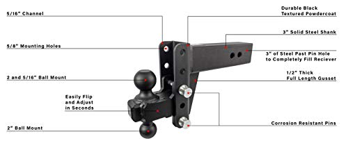 BulletProof Hitches 3.0" Adjustable Extreme Duty (36,000lb Rating) 4" Drop/Rise Trailer Hitch with 2" and 2 5/16" Dual Ball (Black Textured Powder Coat, Solid Steel)