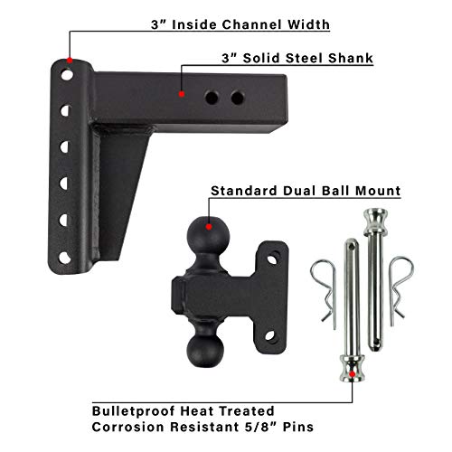 BulletProof Hitches 3.0" Adjustable Heavy Duty (22,000lb Rating) 6" Drop/Rise Trailer Hitch with 2" and 2 5/16" Dual Ball (Black Textured Powder Coat, Solid Steel)