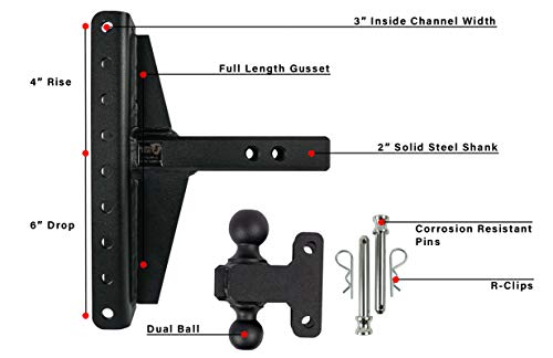 BulletProof Hitches 2.0" Adjustable Extreme Duty (30,000lb Rating) Offset 4" & 6" Drop/Rise Trailer Hitch with 2" and 2 5/16" Dual Ball (Black Textured Powder Coat, Solid Steel)
