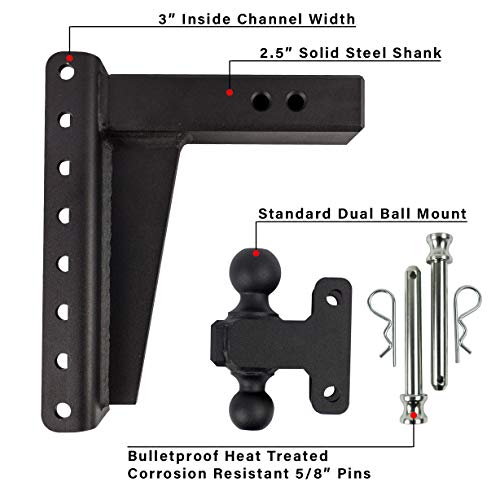 BulletProof Hitches 2.5" Adjustable Heavy Duty (22,000lb Rating) 10" Drop/Rise Trailer Hitch with 2" and 2 5/16" Dual Ball (Black Textured Powder Coat, Solid Steel)