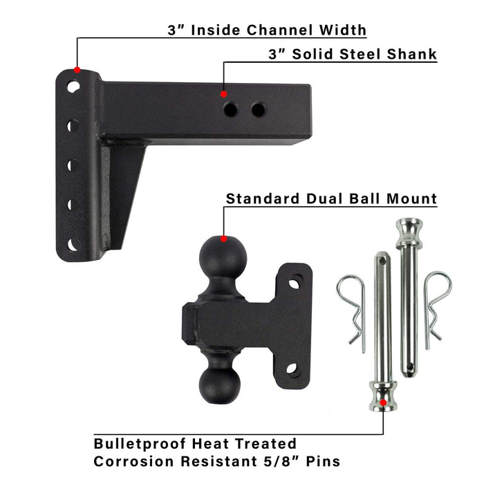 BulletProof Hitches 3.0" Adjustable Extreme Duty (36,000lb Rating) 12" Drop/Rise Trailer Hitch with 2" and 2 5/16" Dual Ball (Black Textured Powder Coat, Solid Steel)