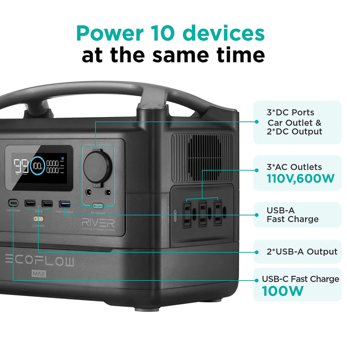 EF ECOFLOW RIVER Max Portable Power Station, 576Wh Backup Lithium Battery with 3 x 600W (Peak 1200W) AC Outlets & LED Flashlight, Clean & Silent Solar Generator for Outdoor Camping RV